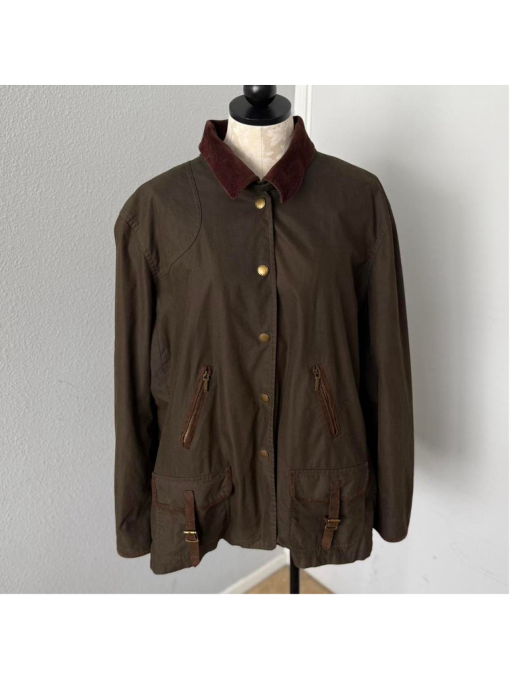 Vintage Y2K Lauren Ralph Lauren Brown corduroy collar barn coat w/ leather trim